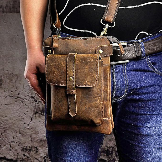 Le'aokuu Mens Genuine Leather Fanny Small Messenger Shoulder Satchel Waist Bag Pack 8711