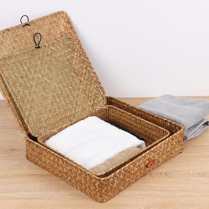 Moosky Flat Wicker Shelf Baskets with Lid, Seagrass Woven Basket Boxes for Storage Basket Bins Multipurpose Home Decor Organizer (Natural Large)
