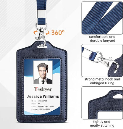 Teskyer 2 Pack Double Sided Clear Badge Holder with Lanyard, PU Leather ID Badge Name Card Holder with Stainless Steel J-Hook Nylon Lanyard for Work, School, Metro, Access, Blue