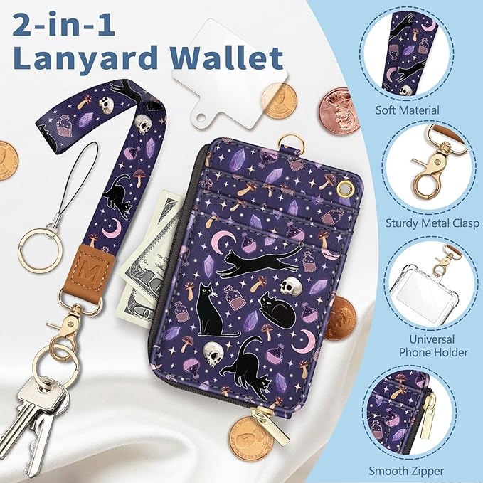 Lanyard Wallet with Id Badge Holder, Cat RFID Small Keychain Wallet Women Wristlet, Goth Skull Zipper Credit Card Holder Phone Wrist Neck Strap for Key Name Tag, Teacher Student Office Gifts