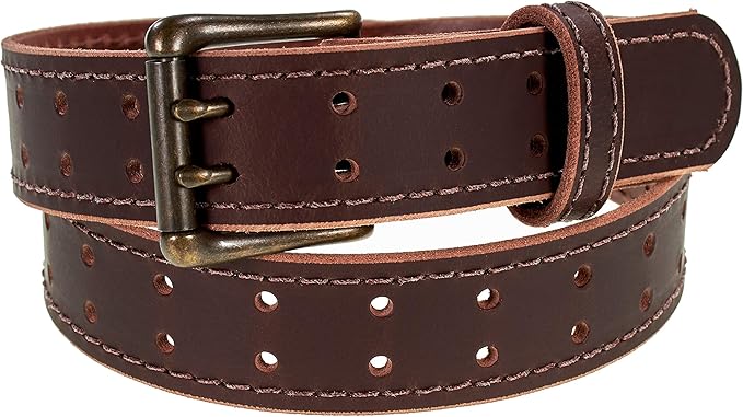 Men’s Classic Leather Belt, Double Prong Retro Style, Antique Brass Buckle, 1 ½” Width, Amish handmade in the USA