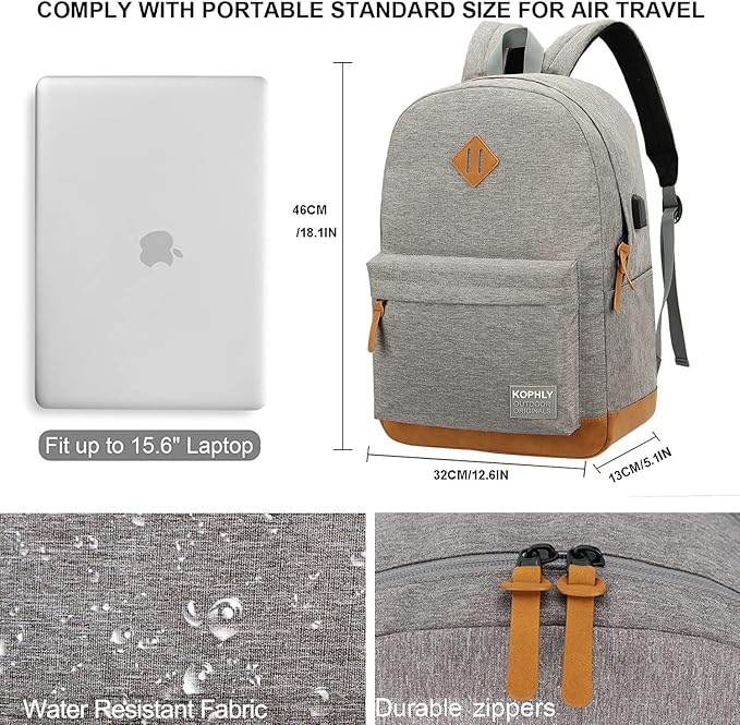 Laptop Backpack with Leather Decoration, USB Charging Port, Classic Backpack for College, Work, Travel(18 Inches/Light Grey)