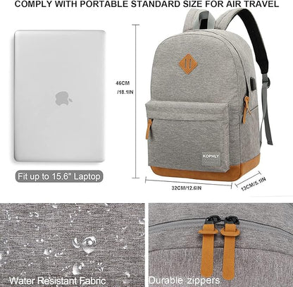 Laptop Backpack with Leather Decoration, USB Charging Port, Classic Backpack for College, Work, Travel(18 Inches/Light Grey)