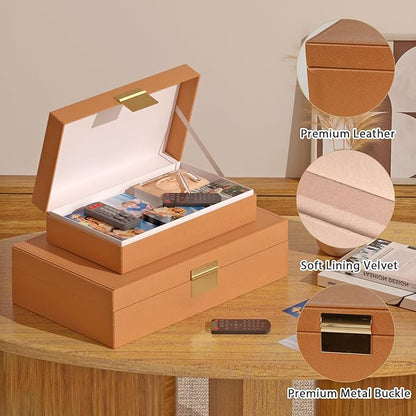 Decorative Storage Boxes Set of 2 - Multi-Purpose Beautiful PU Leather Organizer Bins for Your Home Decor - Decorative Containers with Lids Store Photos, Documents, Memory Box Keepsakes (Brown)