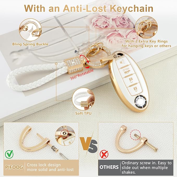 PIFOOG for Nissan Key Fob Cover Altima Rogue Sentra Murano Armada Pathfinder Accessories 4 Buttons Soft TPU White Gold Car Keys Case Shell Protecor Girly Women Cute