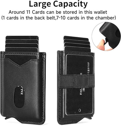 Slim Smart Mens Wallet Minimalist Genuine Leather Card Holder Cash Card Back Belt Wallet RFID Blocking Pop Up Aluminum Case Credit Card Wallet