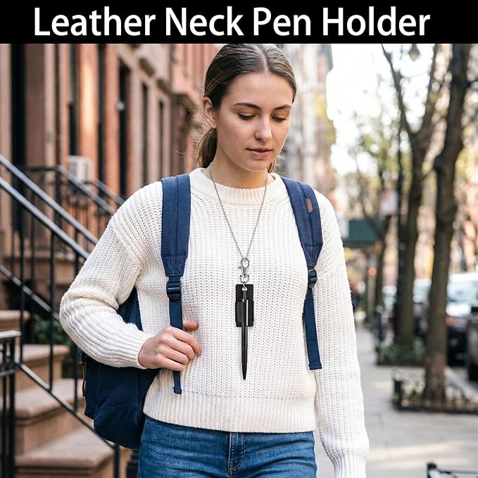 Jeffdad 4 Pcs Lanyard Pen Holder, Leather Neck Pen Holder Keychain Anti-Lost Single Pens Lanyard Badge Portable Pens Holders Clip for Nurse Office Courier Clerk