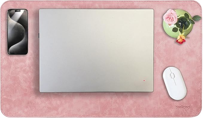 Leather Desk Mat, 23.6"x13.8" Non-Slip PU Leather Desk Pad, Thick Desk Blotter with Stitched Edge, Retro Large Mouse Pad, Laptop Pad for Office & Home Use (Pink)