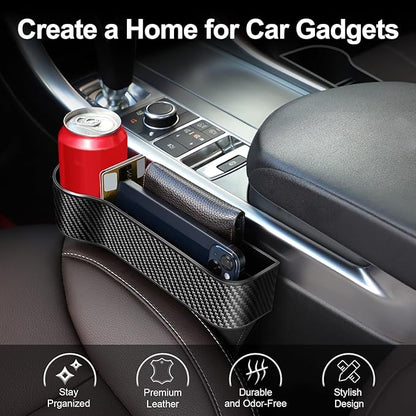 Car Seat Gap Filler, 2 Pack Car Seat Gap Filler Organizer with Cup Holders & 2 Seat Hooks, Car Console Storage Organizer, Car Organizer Front Seat for Storing Phones, Keys, Drinks, Sunglasses