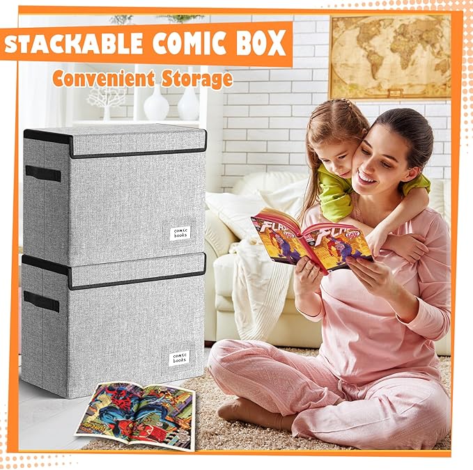 Leffis Comic Book Storage, Box 15.5" X 7.5" X 11.3", Collapsible Comic Short Box with Lids Holds 150 Comics Heavy Duty Comic Book Bin Container (2 pack, grey)