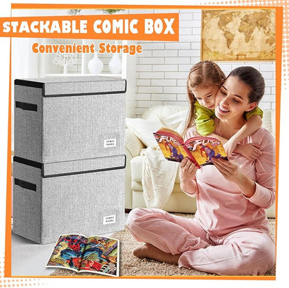 Leffis Comic Book Storage, Box 15.5" X 7.5" X 11.3", Collapsible Comic Short Box with Lids Holds 150 Comics Heavy Duty Comic Book Bin Container (2 pack, grey)