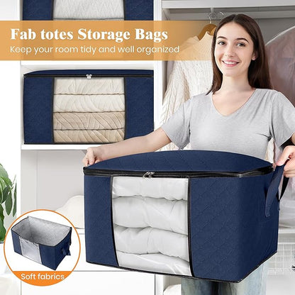 Fab totes Storage Bags,Clothes Blanket Storage Bins Foldable Closet Organizers with Reinforced Handle for Home Dorm Storage and Organization,Fabric Bags for Organizing Sheets,Clothing (Blue,8 Pack)