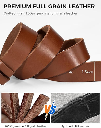Men's Genuine Leather Belt - 1.5 Inch Casual & Work Belt with Metal Buckle