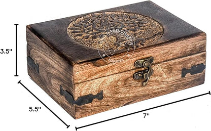 Antique Handmade Wooden Jewelry Box – Tree of Life Engraved Keepsake Storage Organizer – Handcarved Decorative Box for Women & Men – Vintage Home Décor Accent & Gift – 7" x 5.5" x 3.5"
