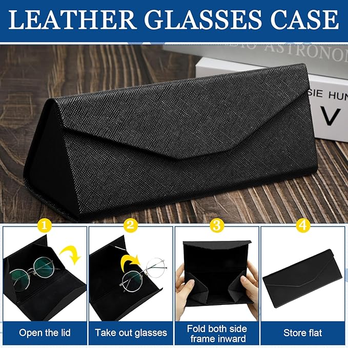 Flutesan 4 Pack Foldable Glasses Sunglasses Case PU Hard Shell Collapsible Eyeglasses Leather Case 4 Cleaning Cloths