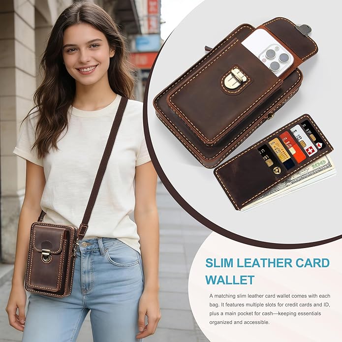 Handmade Genuine Leather Crossbody Phone Bag, Small Belt Pouch with Card Slots, Slim Phone Holster Case for Men & Women