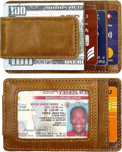 Front Pocket Wallets for Men with Magnet Money Clip RFID Blocking Leather Minimalist Slim Wallet Credit Card Holder (Small Brown)