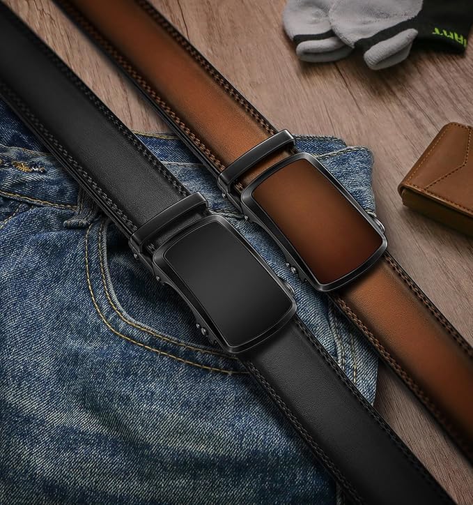 KEMISANT Men Belt 2 Pack, Leather Ratchet Belt Easy Click Slide For Men 1 3/8",Cut for Fit