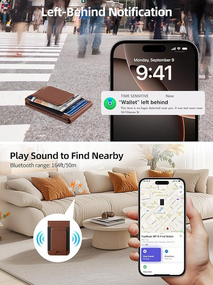 TopMade for MagSafe Wallet Stand with Money Clip, Works with Apple Find My, Magnetic Wallet for iPhone 17/16/15/14/13/12 Series, for iPhone Wallet with Finder Tracker, Brown(Black Elastic Band)