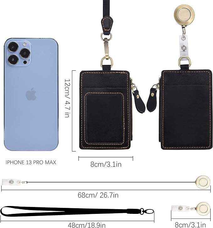 Wonderpool Leather ID Badge Holder with Zipper Wallet Pouch - Card Slots Case Detachable Neck Lanyard and Retractable Badge Reel for Office School Hospital Exhibition ID (Black)