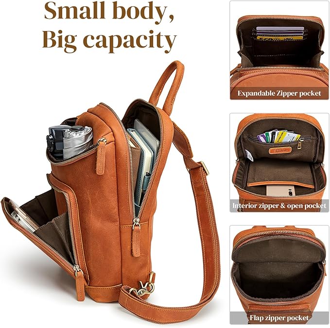 S-ZONE Sling Bag for Women Men Genuine Leather Vintage Crossbody Chest Bags Backpack Daypack Outdoor Travel