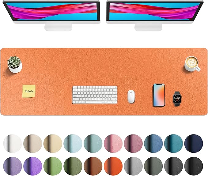 Aothia Faux Leather Desk Mat - Large Mouse Pad, Non-Slip PU Leather Blotter, Waterproof Writing Surface for Office and Home (Orange, 55" x 17")