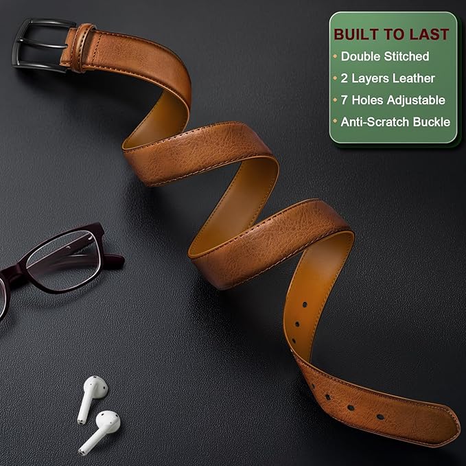 BULLIANT Men Belt 2Pack-Leather Belt 7Holes Comfortable For Men's Dress Casual Jeans 1 3/8"
