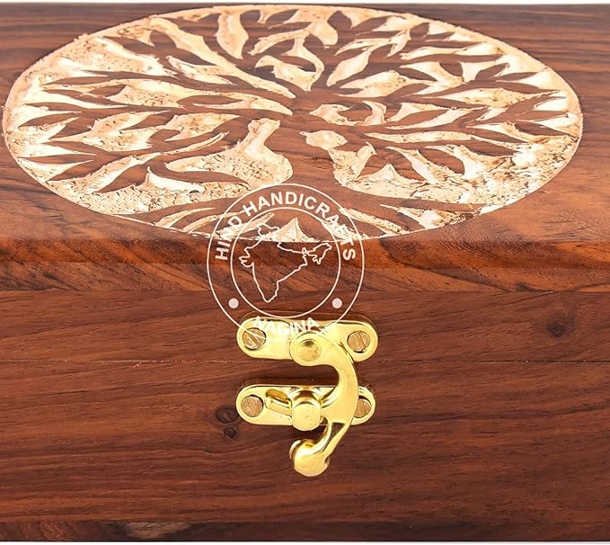 Rosewood Handmade Wooden Urn Tree of Life Engraving Handcarved Jewellery Box for Women-Men Jewel | Home Decor Accents | Decorative Boxes | Storage & Organiser (7" x 5.5" x 3.5", Tree - 2 White)