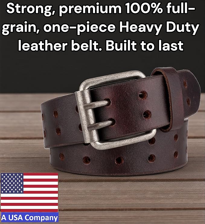 F&L CLASSIC Leather Work Belt, Heavy Duty Double Prong full grain Leather Belts for Men 1 1/2", Mens Casual Belts for Jeans