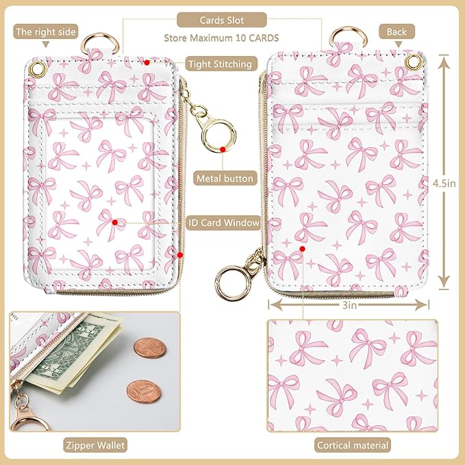 bolimoss Pink Bow Lanyard Wallet, Cute ID Badge Holder with Breakaway Neck & Wristlet Keychain Lanyards, Pu Leather Multiple Zip Id Case Wallet for Women Office Teacher Student Workers