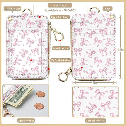 bolimoss Pink Bow Lanyard Wallet, Cute ID Badge Holder with Breakaway Neck & Wristlet Keychain Lanyards, Pu Leather Multiple Zip Id Case Wallet for Women Office Teacher Student Workers