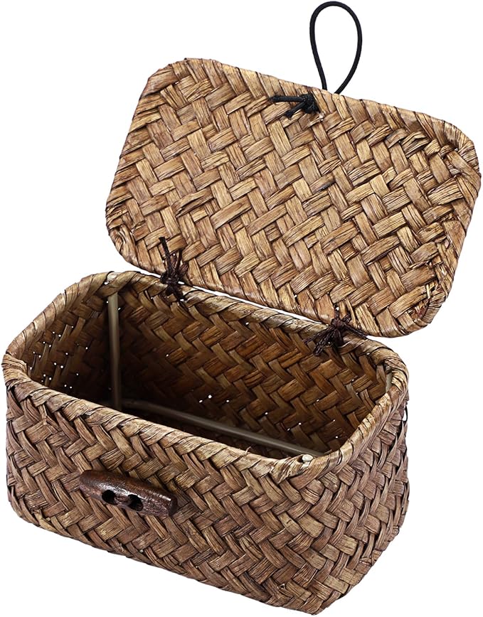 Hipiwe Mini Seagrass Basket with Lid Wicker Storage Basket Small Handwoven Multipurpose Desktop Baskets Home Decor, 4.3"L x 2.5"W x 2.1"H