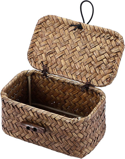 Hipiwe Mini Seagrass Basket with Lid Wicker Storage Basket Small Handwoven Multipurpose Desktop Baskets Home Decor, 4.3"L x 2.5"W x 2.1"H