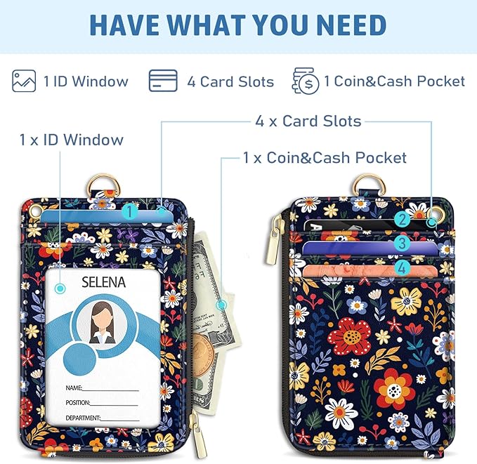 Piefly Flowers Lanyard Wallet with ID Badge Holder, Floral Small RFID Wallets Women Keychain Wristlet, Slim Credit Card Holder with Zipper Pocket Phone Lanyard Wrist Strap Name Tag Office Teacher Gift