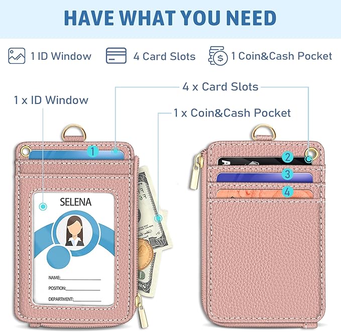 Lanyard Wallet with ID Badge Holder, Keychain RFID Wallet Women Small Wristlet, Slim Credit Card Holder Case with Phone Lanyard Wrist Strap Zipper Minimalist Pocket Name Tag Woman Office Teacher Gift