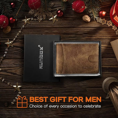 RUNBOX Slim Wallet for Men Genuine Leather RFID Blocking Bifold Minimalist Front Pocket Mens Wallet with Money Clip Thin Gift Box