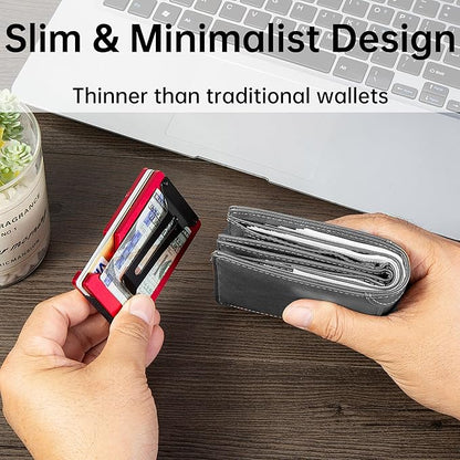 Minimalist Carbon Fiber Wallet for Men, Money Clip Cash Strap Wallet, RFID Blocking Metal Wallet Aluminum Card Holder,Front Pocket Wallet(Matte Red)