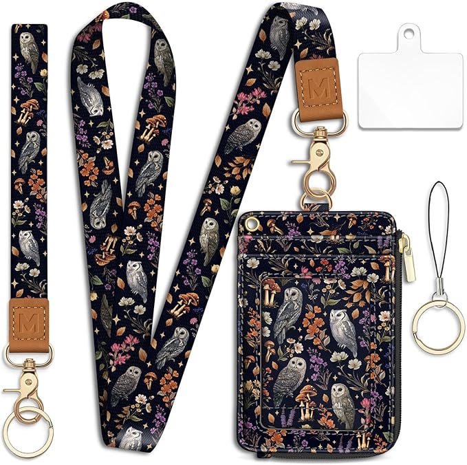 Lanyard Wallet with Id Badge Holder, Owl RFID Small Keychain Wallet Women Wristlet, Floral Zipper Credit Card Holder Phone Wrist Neck Strap for Key Name Tag, Teacher Student Office Gifts