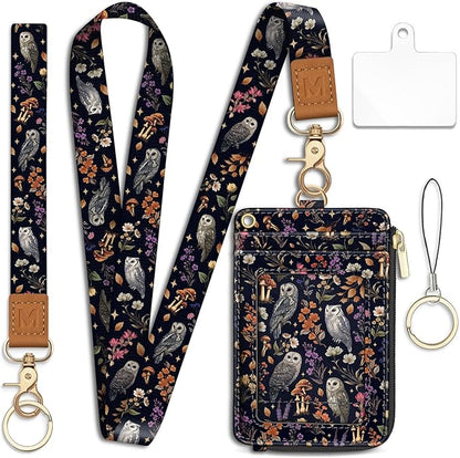 Lanyard Wallet with Id Badge Holder, Owl RFID Small Keychain Wallet Women Wristlet, Floral Zipper Credit Card Holder Phone Wrist Neck Strap for Key Name Tag, Teacher Student Office Gifts