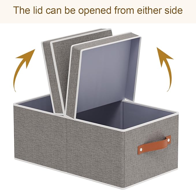 3-Pack Storage Boxes, Foldable Blanket Basket with Detachable Lid, Linen Closet 0rganizers with Double Handles, Collapsible Cubes for Organizing, Grey, 18.5 x 11 x 7.9 in