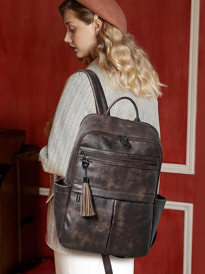 Leather Laptop Backpack for Women, 15.6" Causal Daypack Backpacks Purse Computer Backpack with Laptop Compartment for Travel Work College Business, Coffee