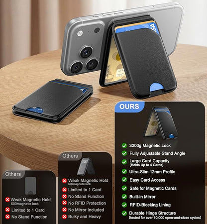 QYQBOON Magnetic Phone Wallet With Makeup Mirror - Mag Safe Wallet Leather RFID-Blocking Mag-Safe Card Holder for iPhone 17/16/15/14/13/12 Series, Not for iPhone 13/12 Mini (Black)