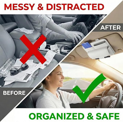 HOLDCY Car Visor Organizer – Sun Visor Storage Pouch Holder for Vehicle Truck SUV, PU Leather Auto Interior Accessories for Registration Document, Gas Card & Sunglasses, Universal Fit (White)