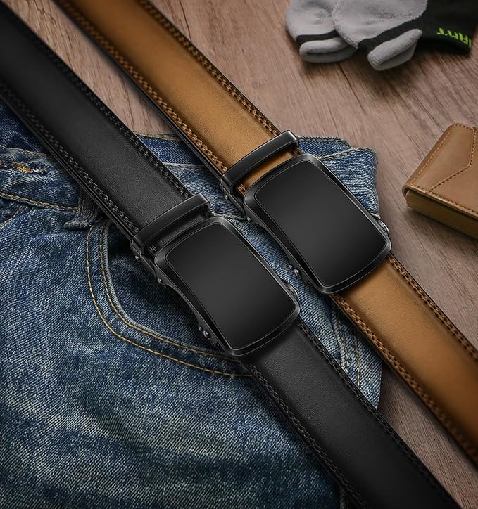 BULLIANT Men's Ratchet Belt 2 Pack-Click Leather Belt Adjustable for Men Gift 1 3/8-Cut for Perfect Fit
