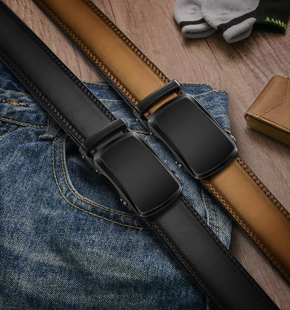 BULLIANT Men's Ratchet Belt 2 Pack-Click Leather Belt Adjustable for Men Gift 1 3/8-Cut for Perfect Fit