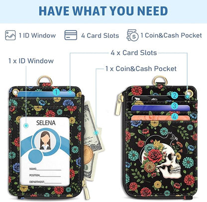 Goth Skull Floral Lanyard Wallet with ID Badge Holder, Black Cat Small RFID Wallet Women Keychain Wristlet, Slim Credit Card Holder with Zipper Pocket Phone Lanyard Wrist Strap Name Tag Office Teacher
