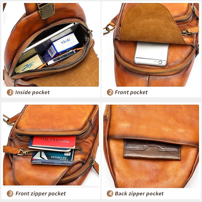 NIUCUNZH Genuine Leather Sling Bag Front Metal-Latch Crossbody Bags Handmade Vintage Chest Shoulder Backpack for Women Men