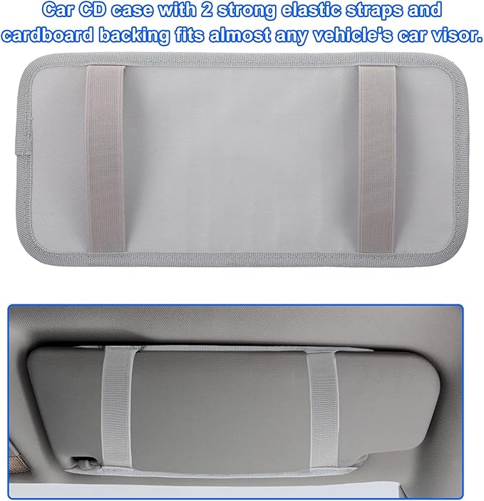 Visor CD Holder, Sun Visor CD Holder, Grey Car Visor CDs Holders with 12 Disc Sleeves 1 Mesh Pocket 1 Pen Holders & Elastic Strap