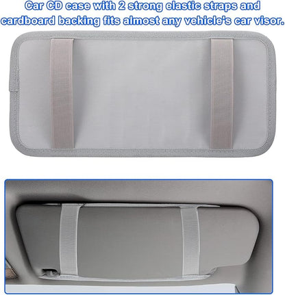 Visor CD Holder, Sun Visor CD Holder, Grey Car Visor CDs Holders with 12 Disc Sleeves 1 Mesh Pocket 1 Pen Holders & Elastic Strap