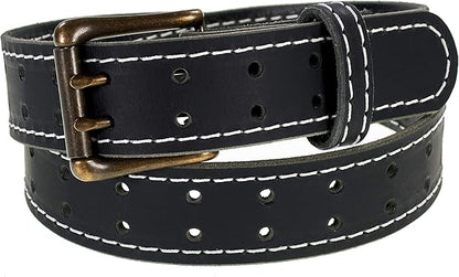 Men’s Classic Leather Belt, Double Prong Retro Style, Antique Brass Buckle, 1 ½” Width, Amish handmade in the USA